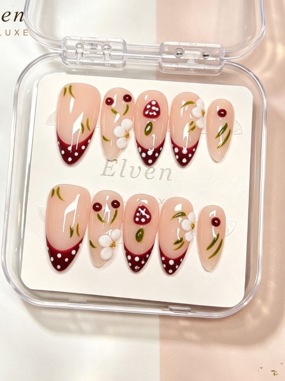 Cherry Blossom Polka Dot Red French Tip Handmade Medium Almond Press On Nails